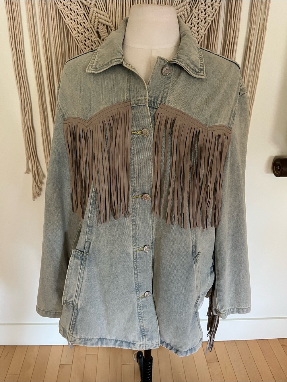 Fringed Sage Green Denim Jacket with Taupe Fringe